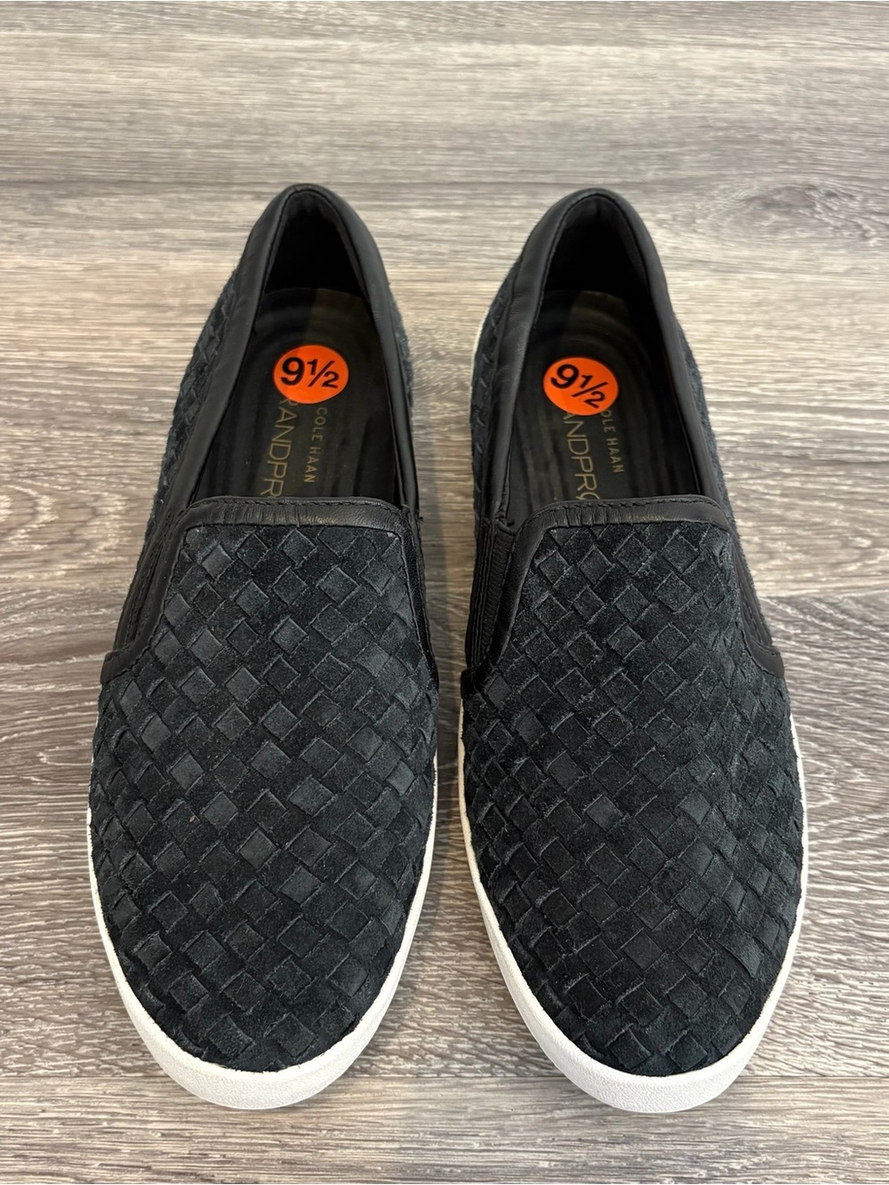 Cole Haan GrandPro Black Leather Woven Slip-On Sneakers with White Sole Size 9.5